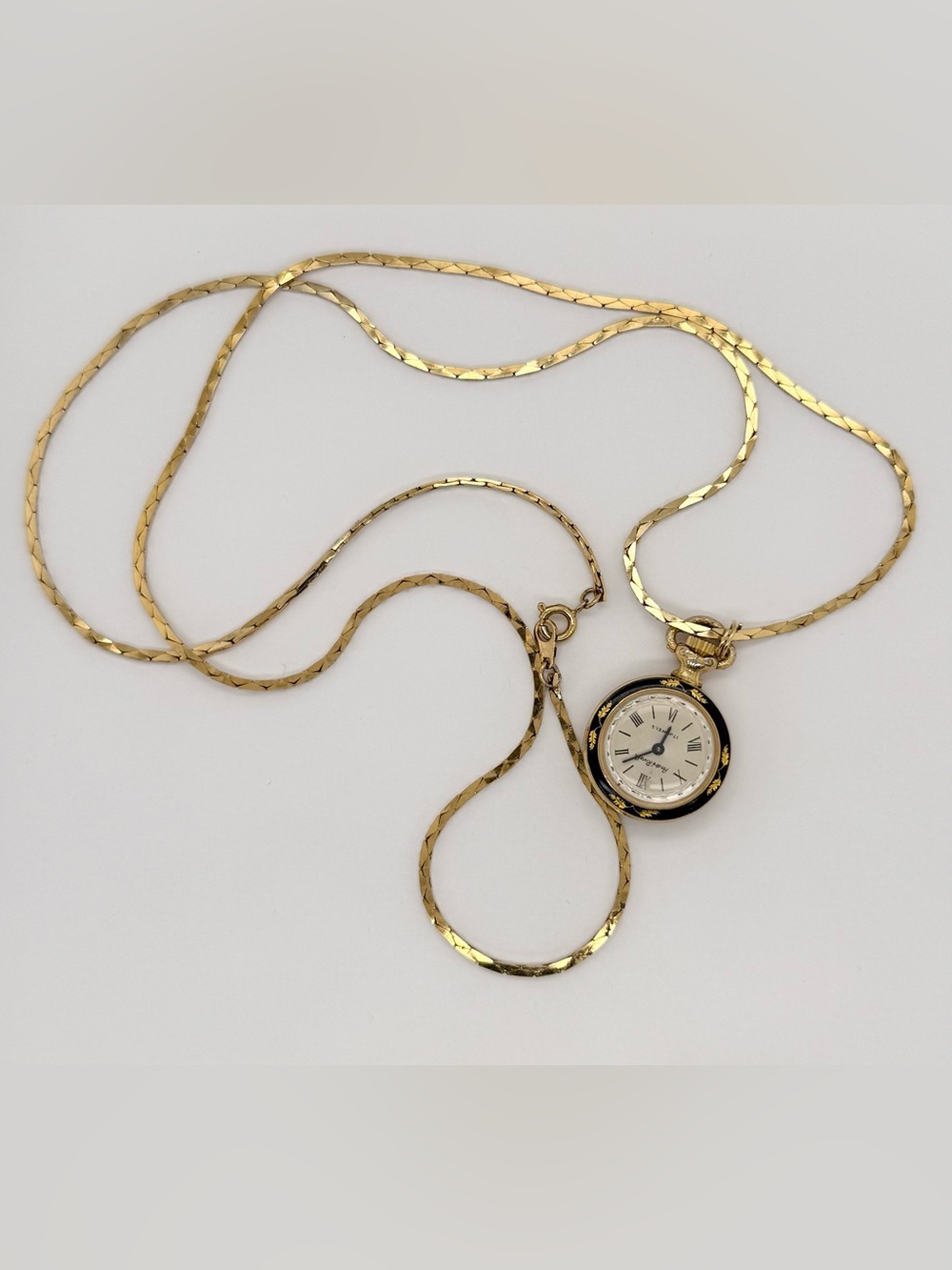 Vintage Victorian Andre Rivalle Gold plated Pocket Watch Necklace Black Enamel